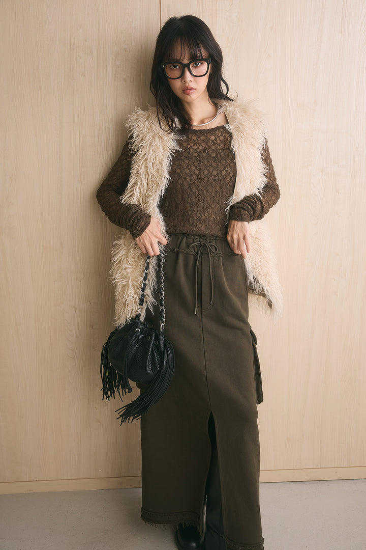 [SET]ロングシャギーファーベスト+2WAYカットレースバックオープンプルオーバー(2set)