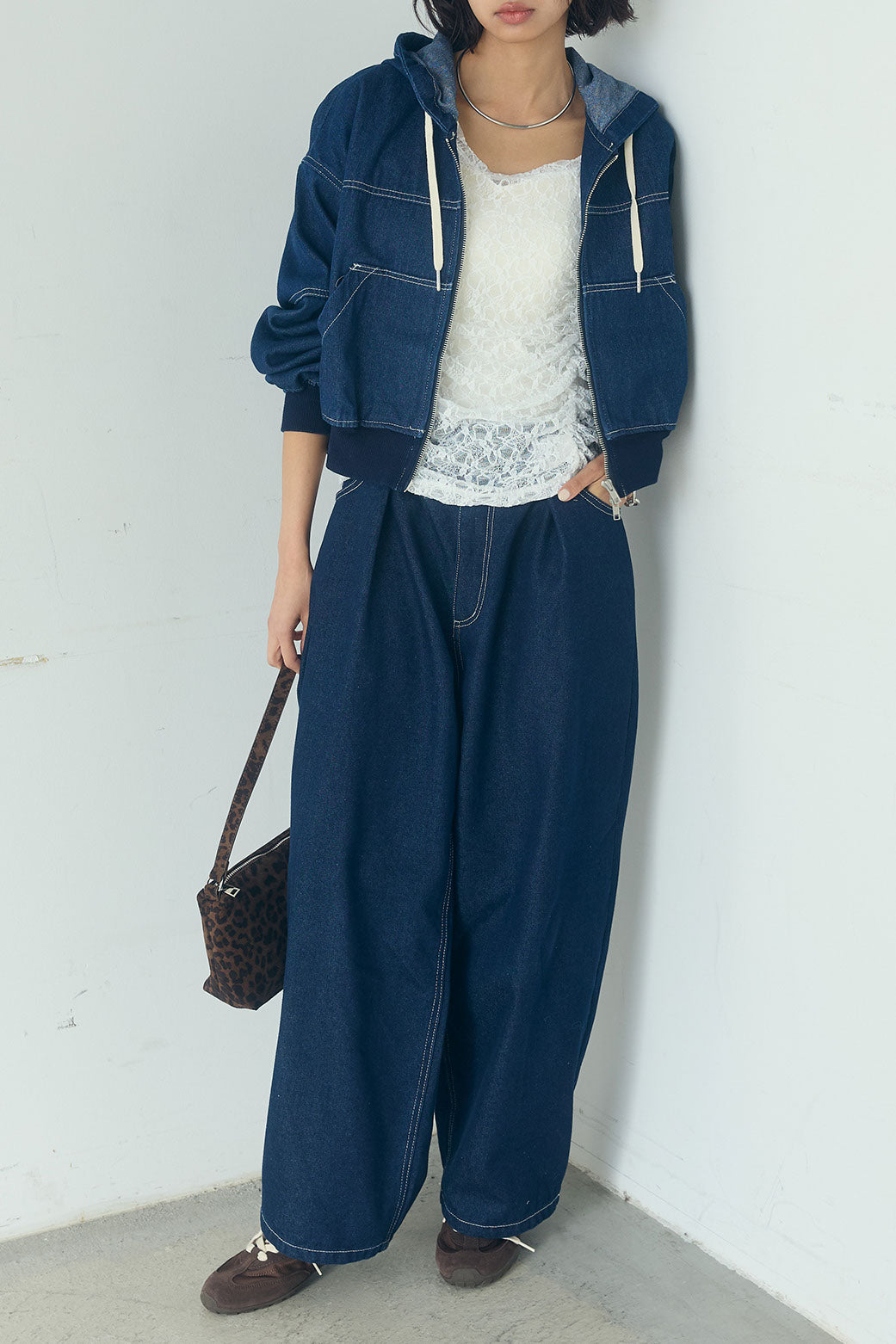 [SET]デニムダブルジップパーカーブルゾン+デニムタックカーブパンツ(2set)