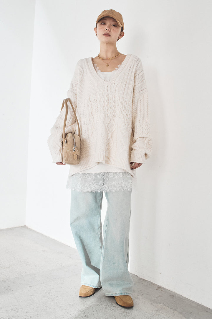 [SET]ケーブルVニットセーター+デニムサイドカットパンツ(2set)