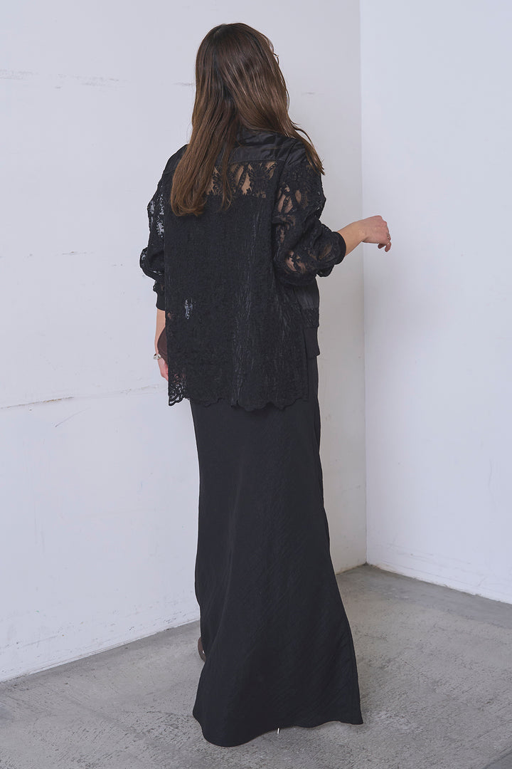 [SET]ノーカラーレースブルゾン+リネンブレンドロングナロースカート(2set)