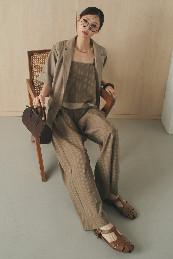 [SET]リネンライクテーラードハーフスリーブジャケット+リネンストライプタックワイドパンツ+リネンストライプレイヤードキャミ(3set)