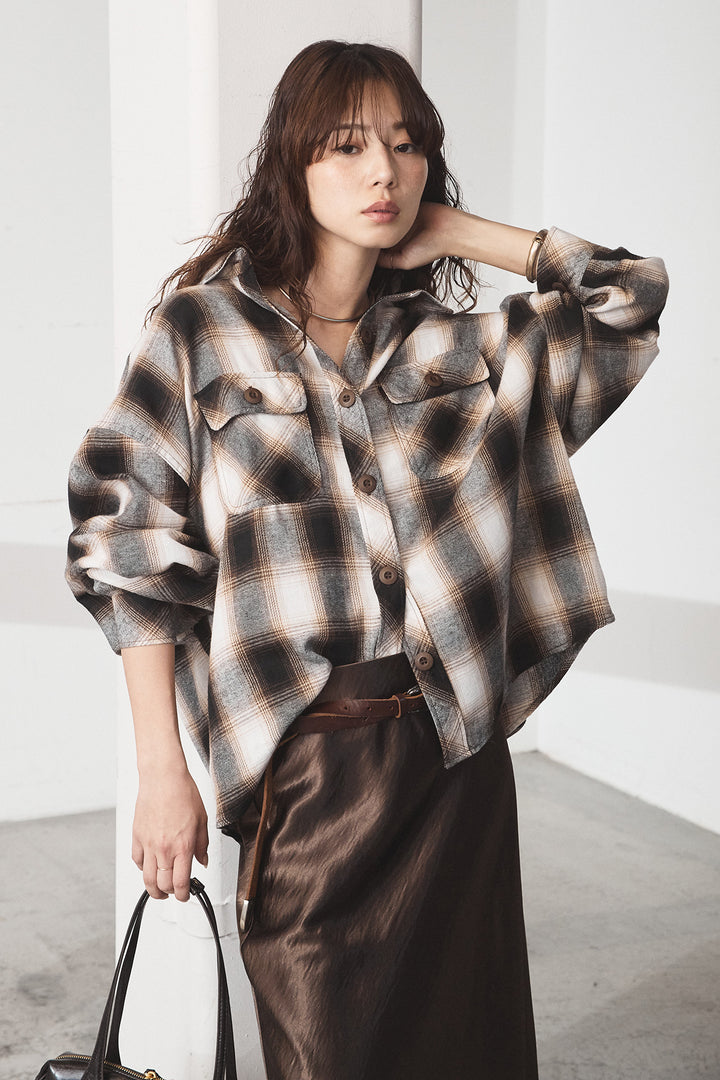 [SET]オンブレーチェックビッグシルエットCPOシャツ+裾レースデザインサテンスカート(2set)