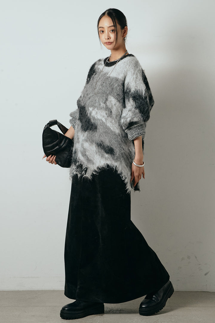 [SET]起毛裾デザインニュアンス柄ニットトップス+エコスウェードワイドスカート(2set)