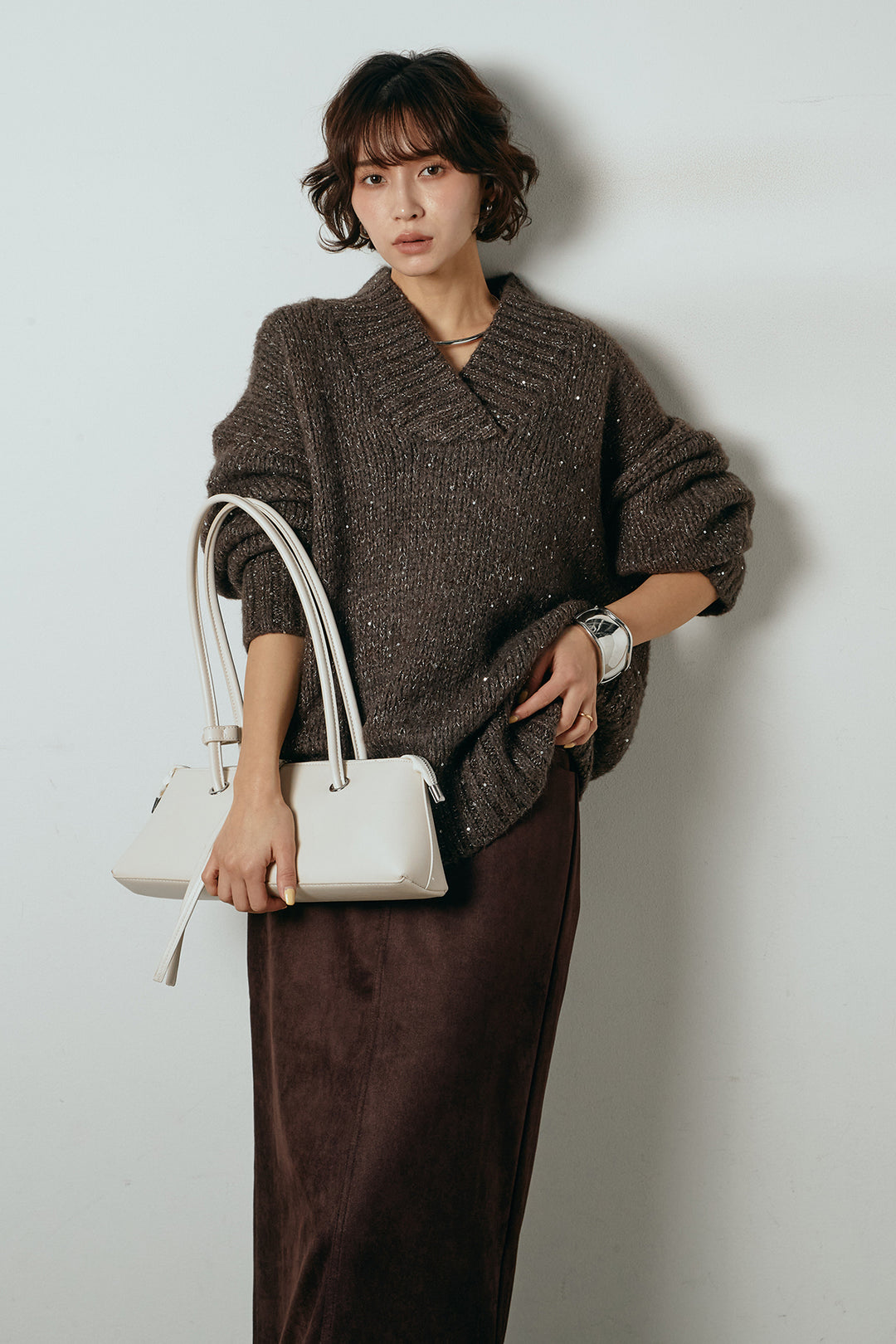 [SET]Vネックラメニットトップス+スウェードライク裾フリンジスカート(2set)