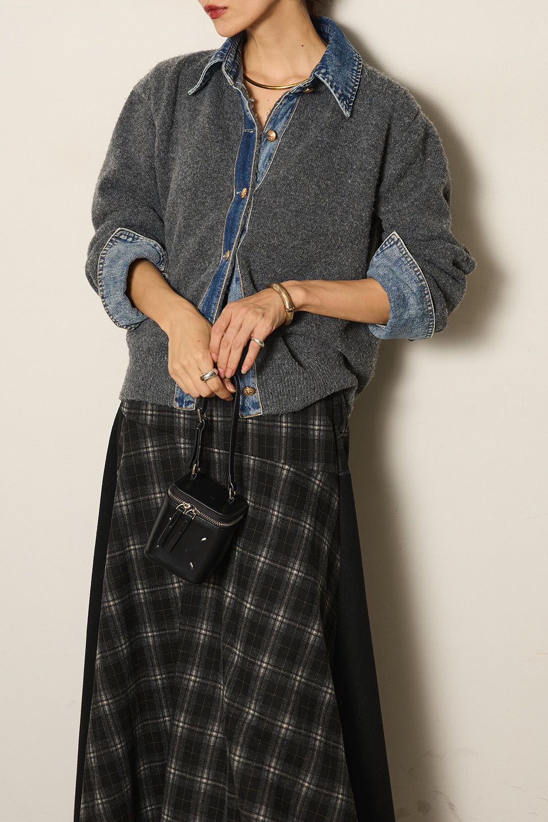 [SET]ニットドッキングデニムシャツ+フェイクレザーサイドベルトワイドパンツ+フェイクレザーベルト付き切り替えタータンチェックスカート(3set)