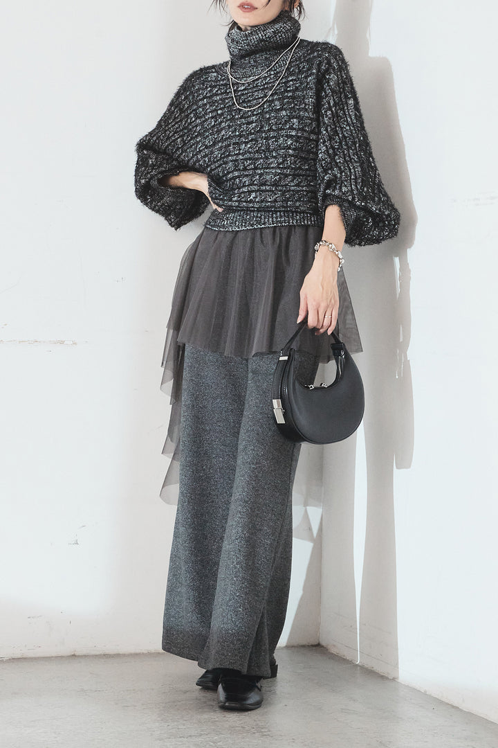 [SET]ミックス編みドルマンニットトップス+チュールレイヤードニットパンツ(2set)
