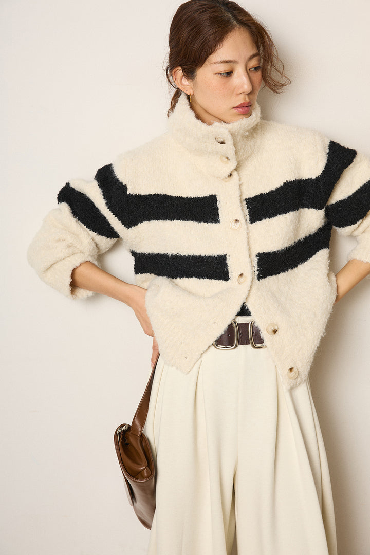 [SET]ハイネックボーダーニットカーディガン+フェイクレザー太ベルト付きタックワイドパンツ(2set)