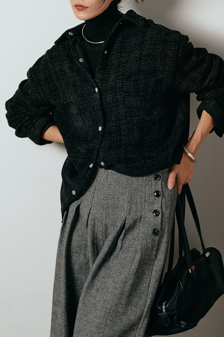 [SET]ルーズクラッシュツイルシャツ+サイドボタンツイードタックパンツ(2set)