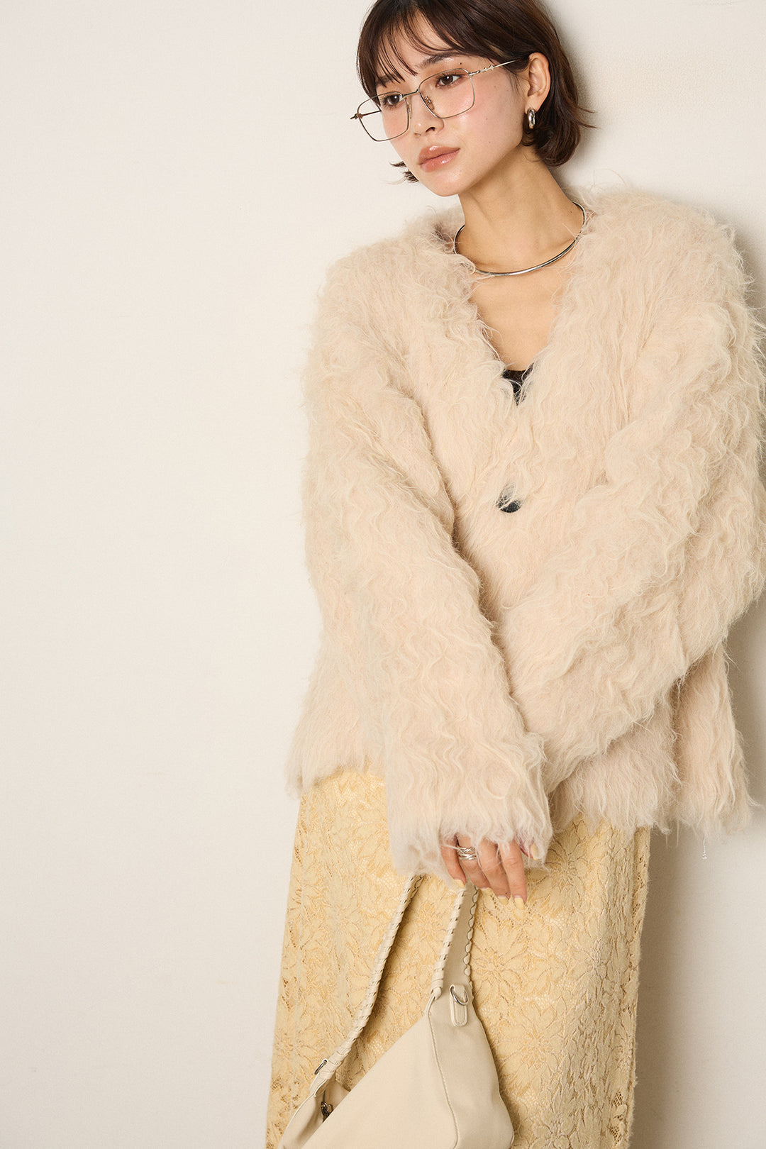 [SET]起毛シャギーニットカーディガン+花柄刺繍ベロアフレアスカート(2set)