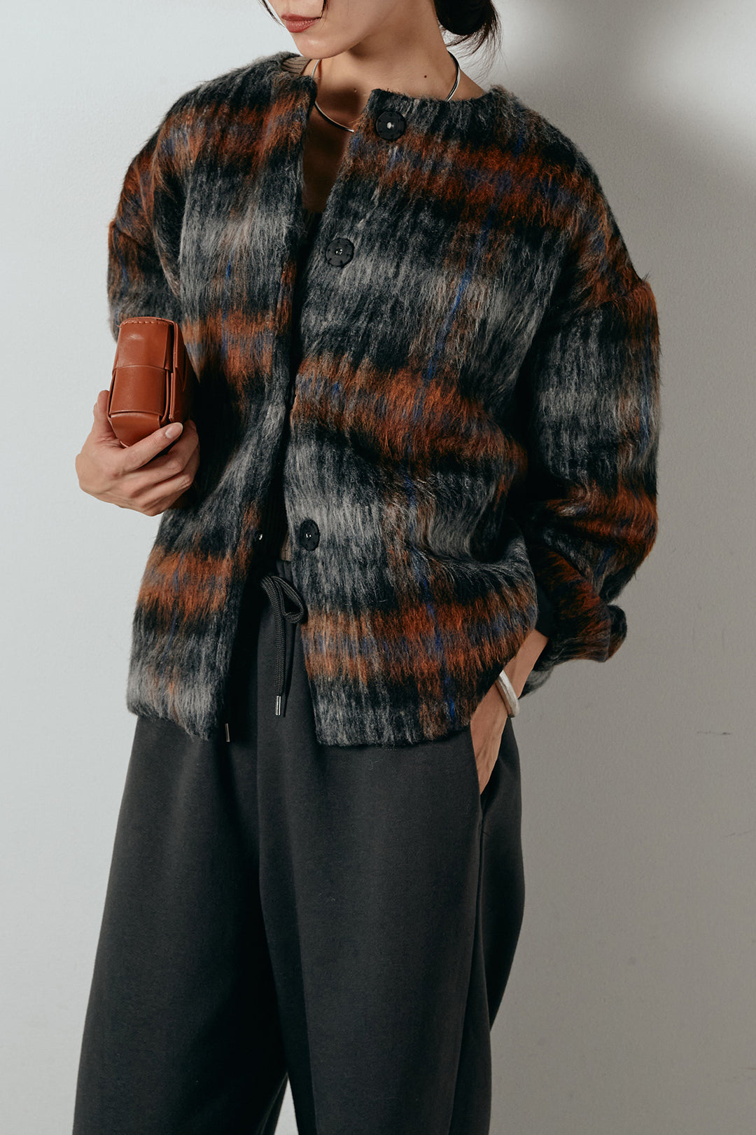 [SET]ノーカラーシャギーチェックアウター+裏起毛スウェットワイドパンツ(2set)