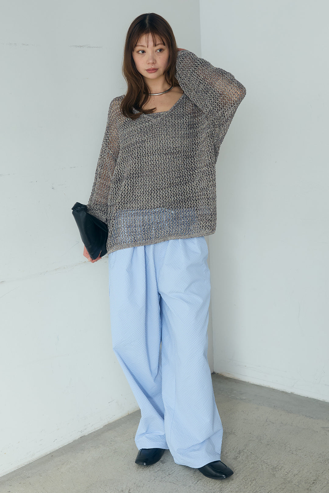 [SET]メッシュ編みビスチェセットVネックプルオーバー+シアサッカーイージーパンツ(2set)