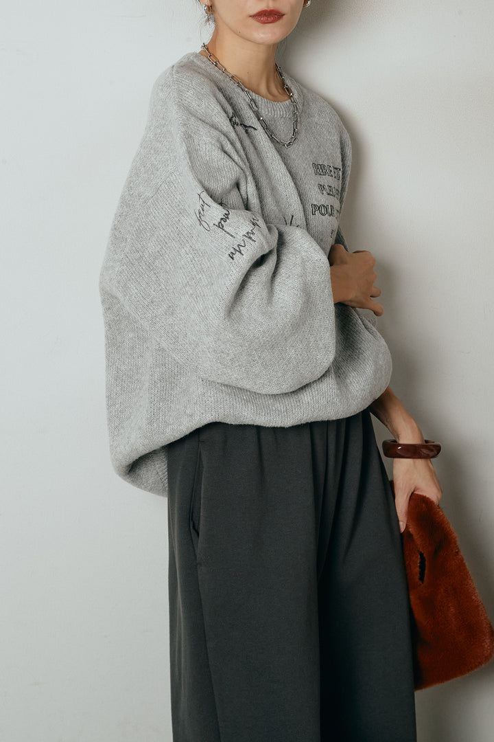 [SET]刺繍ロゴランダムデザインニットトップス+裏起毛スウェットワイドパンツ(2set)