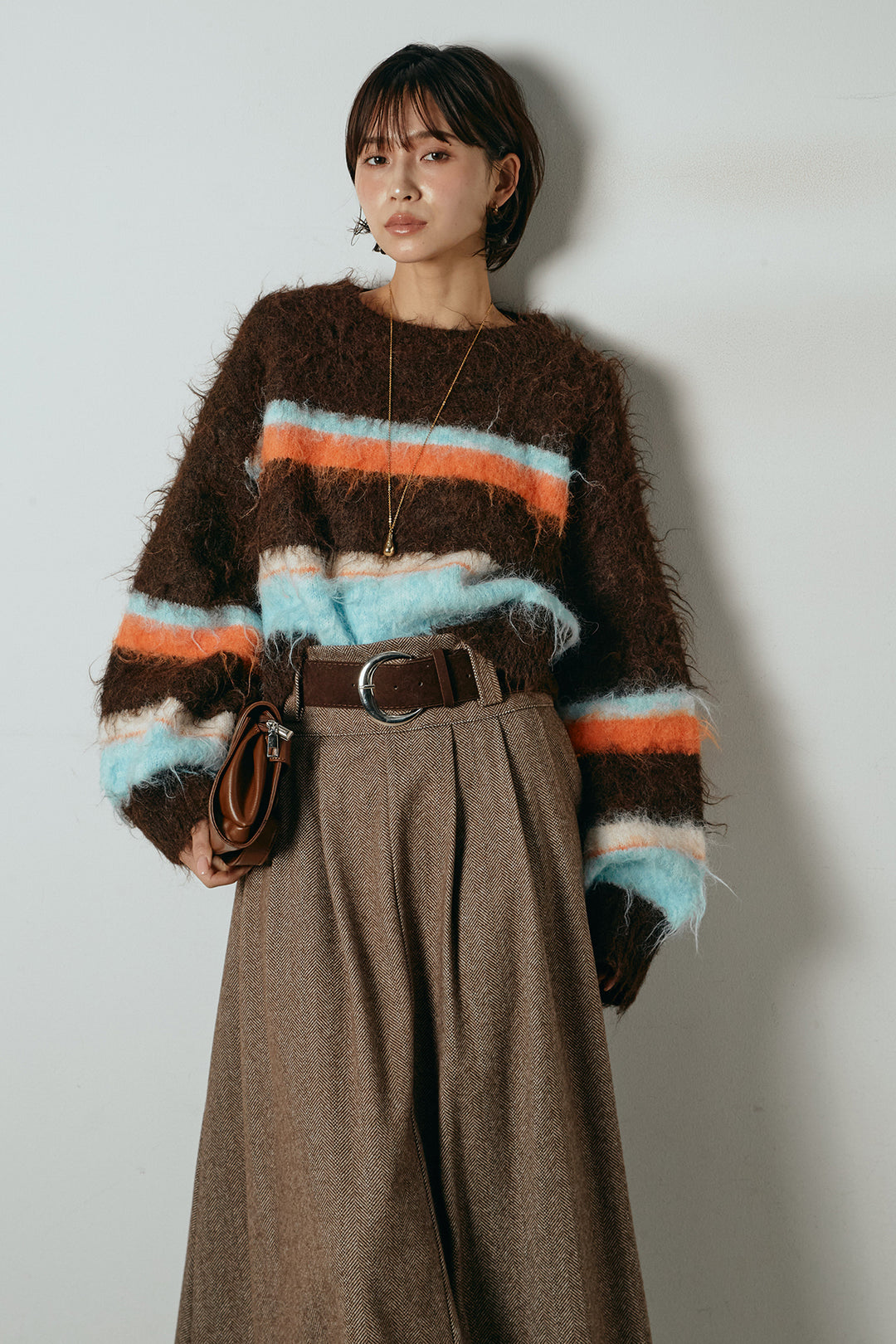 [SET]起毛配色マルチボーダーニットトップス+太ベルト付きヘリンボーンプリーツスカート(2set)