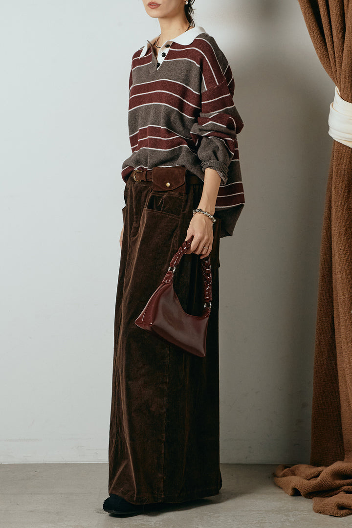 [SET]ラガーニットボーダーポロプルオーバー+ポーチベルト付きコーデュロイワイドスカート(2set)