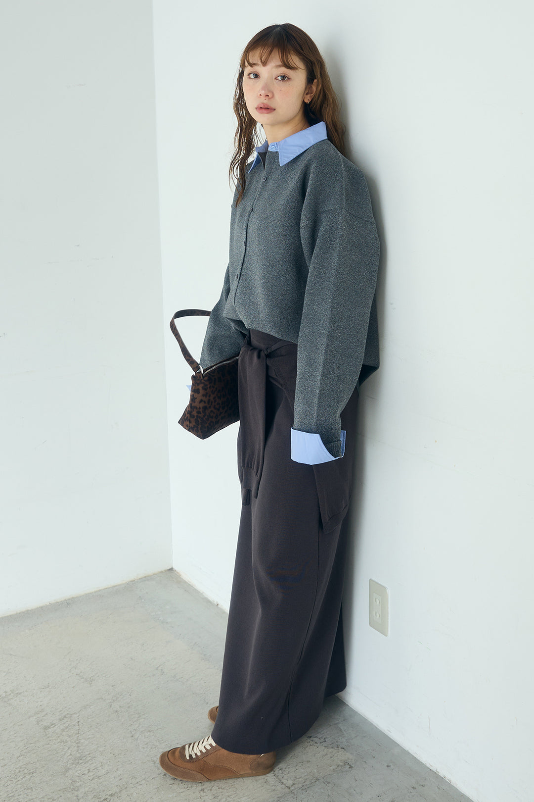 [SET]シャツレイヤード風カーディガン+レイヤードニット巻きスカート(2set)