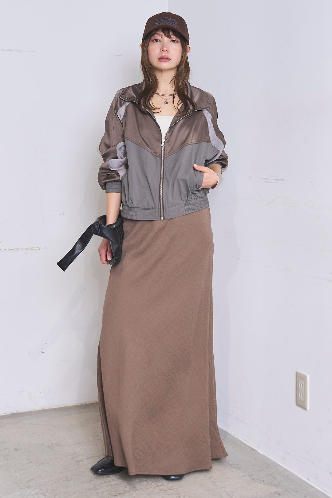 [SET]異素材切替ZIPブルゾン+リネンブレンドロングナロースカート(2set)