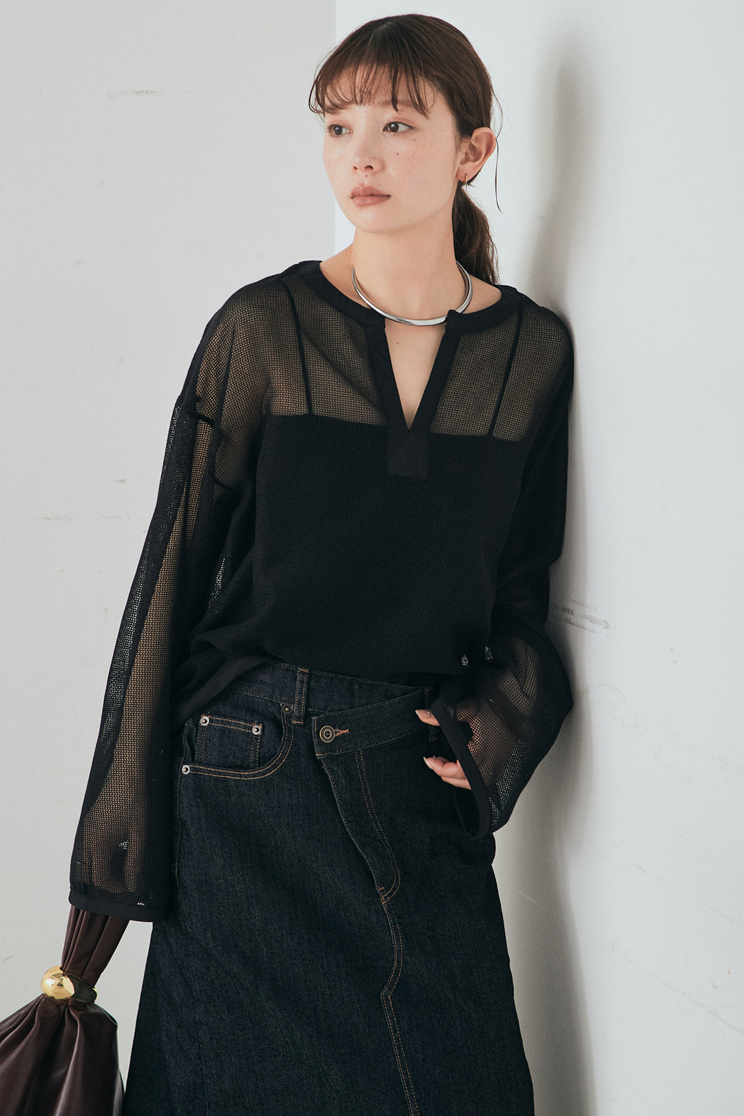 [SET]メッシュカットソースキッパープルオーバー+ウエストクロスデニムタイトスカート(2set)