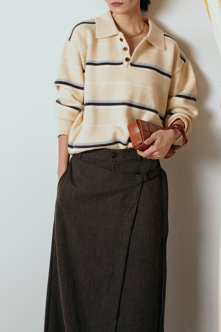 [SET]襟付きマルチボーダーニットポロトップス+ラップ巻きワイドスラックス(2set)