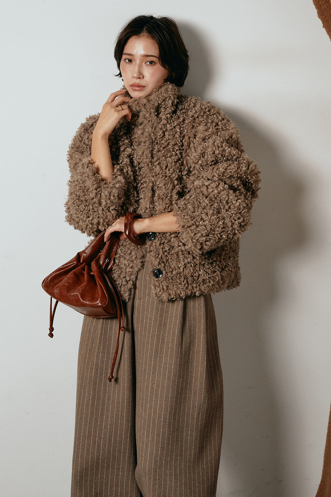 [SET]プードルファーミドルジャケット+ウールライクストライプパンツ(2set)