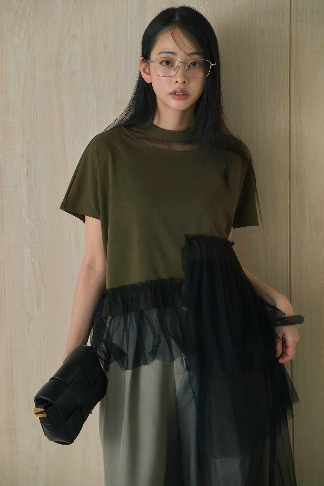 [SET]アシンメトリーチュールフリルTシャツ+ウエストデザインタックワイドパンツ(2set)