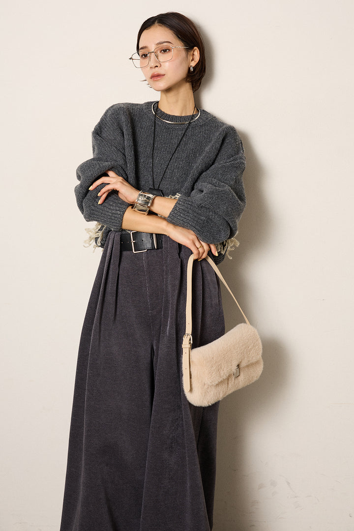 [SET]ループ編み切り替えニットプルオーバー+ベルトループコーデュロイワイドパンツ(2set)