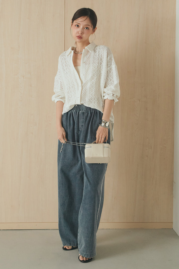 [SET]長袖襟付きレースシャツ+ドロストサイドラインデニムパンツ(2set)