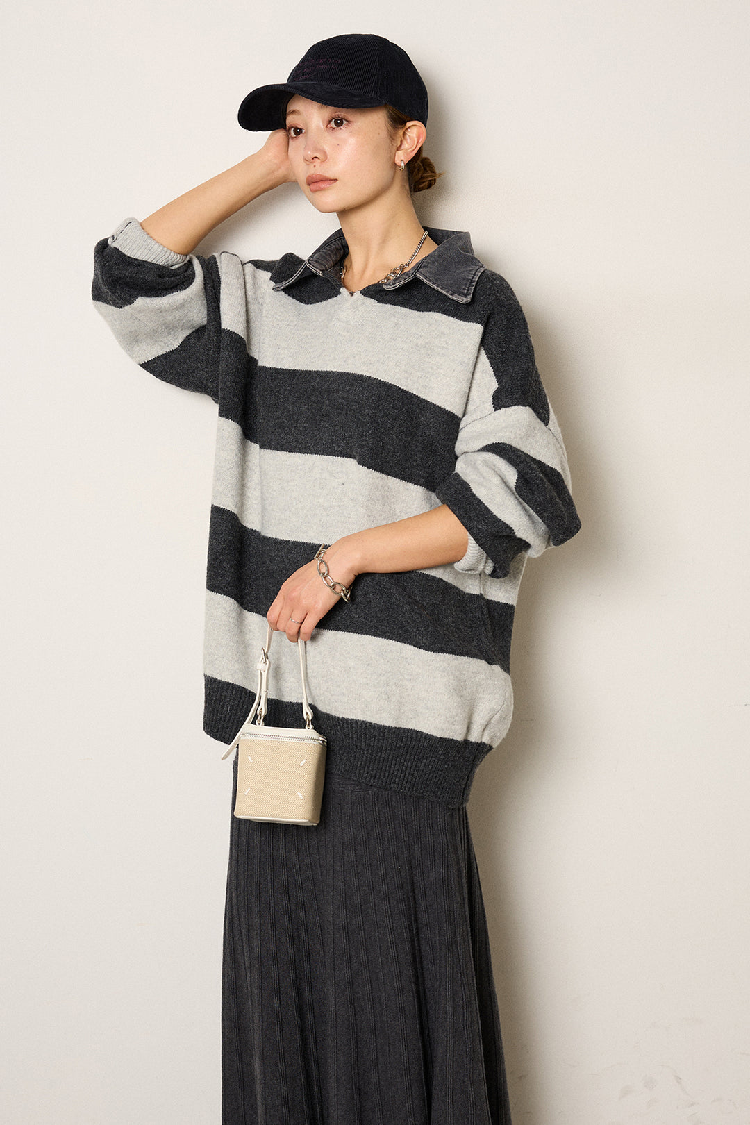 [SET]デニムカラーボーダールーズニット+編み地切り替えフレアニットスカート(2set)