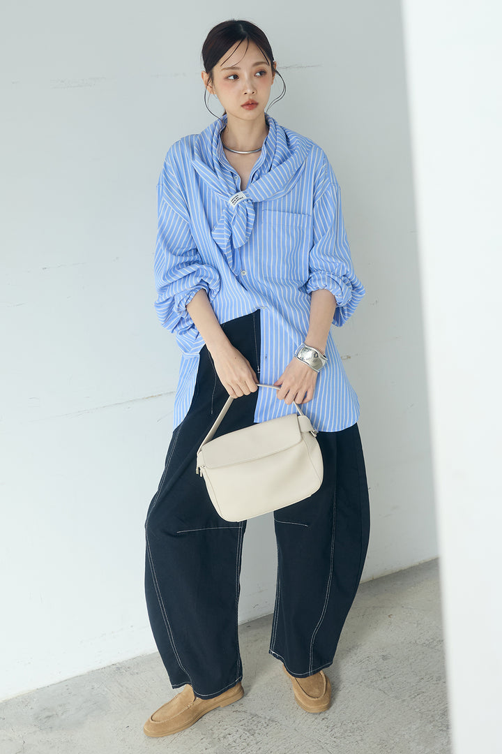 [SET]レーヨンストライプスカーフ+ツイル配色ステッチバレルパンツ+レーヨンストライプバンドカラー長袖シャツ(3set)