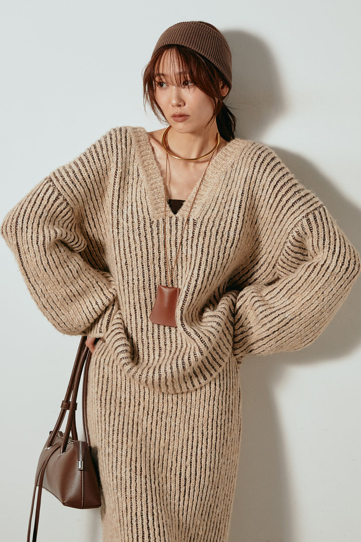 [SET]アルパカタッチ深Vニットトップス+アルパカタッチニットタイトスカート(2set)