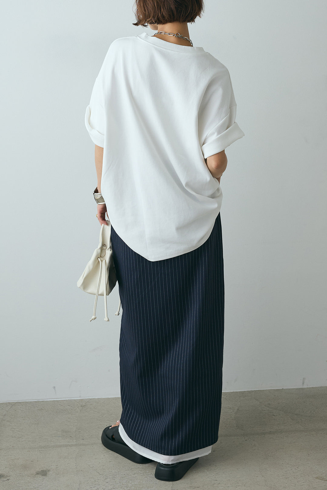 [SET]スクエアレース刺繍Tシャツ+ストライプストレートスカート(2set)