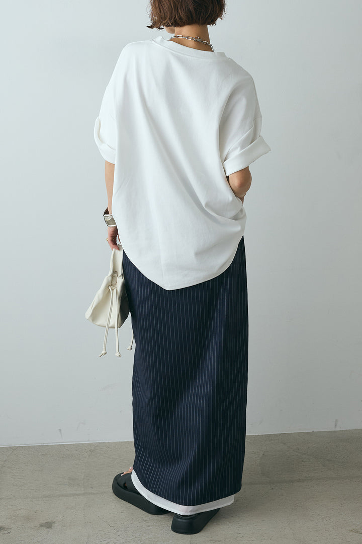 [SET]スクエアレース刺繍Tシャツ+ストライプストレートスカート(2set)