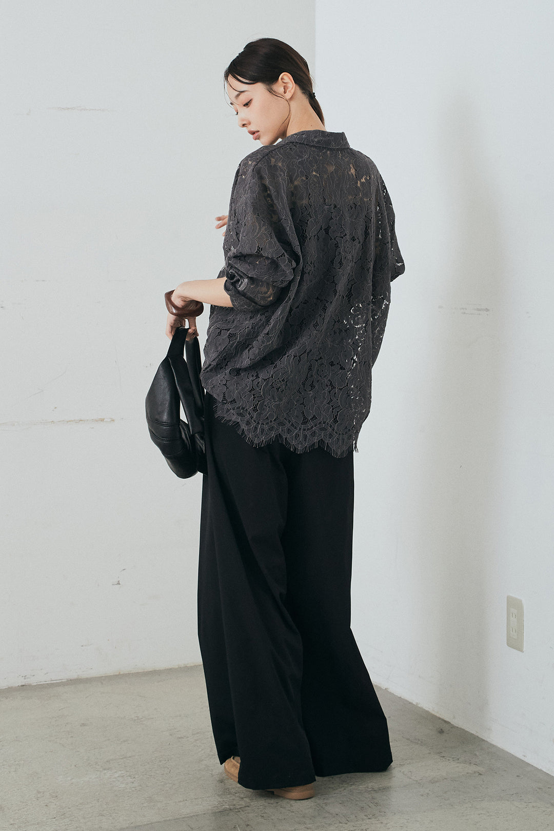 [SET]レース裾スカラップシャツ+ベルトループデザインハイウエストタックパンツ(2set)