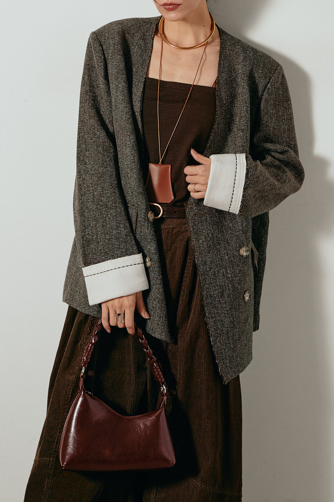 [SET]ノーカラーダブルボタンツイードジャケット+タック入りコーデュロイワイドパンツ(2set)