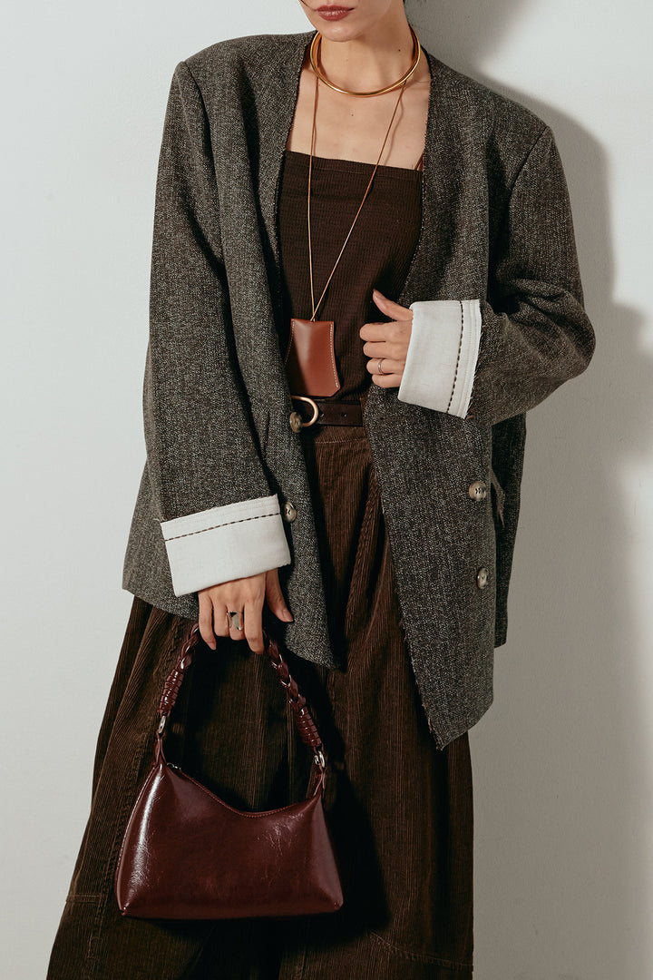 [SET]ノーカラーダブルボタンツイードジャケット+タック入りコーデュロイワイドパンツ(2set)