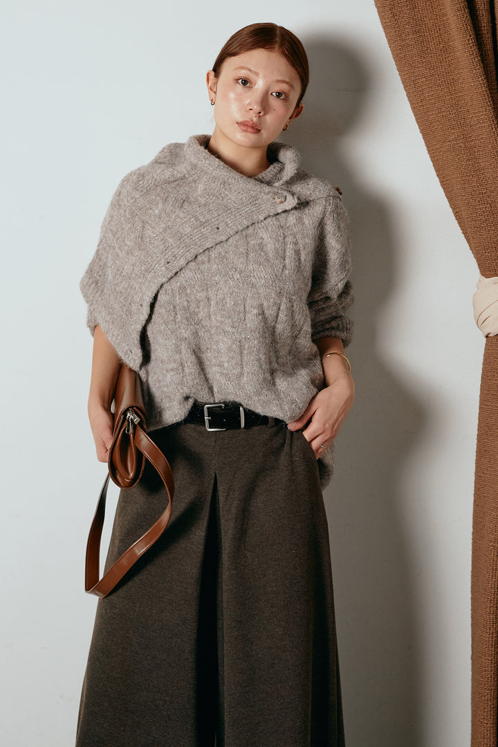 [SET]ケープデザインケーブルニットトップス+ベルト付きフロントタックデザインパンツ(2set)