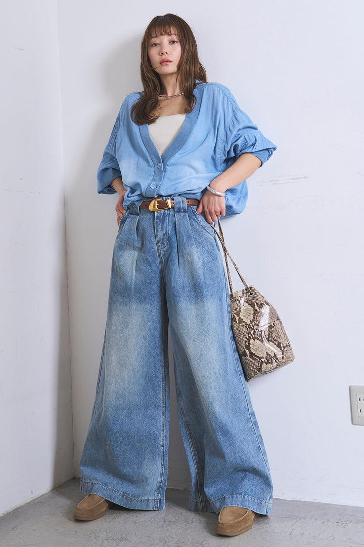[SET]シアーデニムカーディガン+ベルトループワイドタックデニムパンツ(2set)