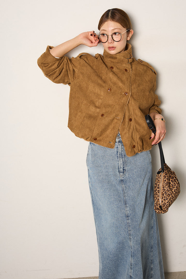 [SET]スタンド襟スウェードライクアウター+デニムロングフレアスカート(2set)