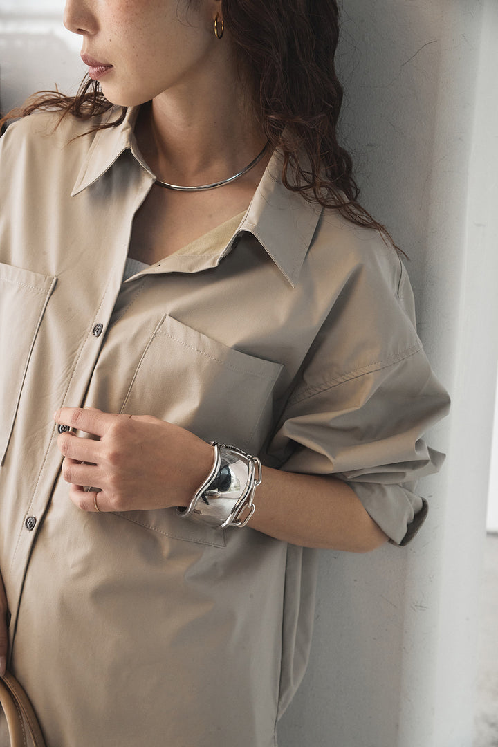 [SET]ウォッシャブルエコレザービックカフスシャツ+レオパードサテンナロースカート(2set)