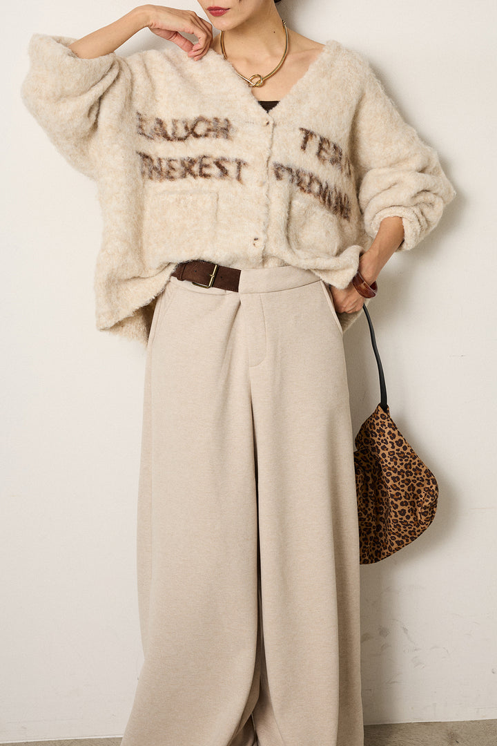 [SET]ウール混透かしロゴニットカーディガン+サイドベルトパンツ(2set)