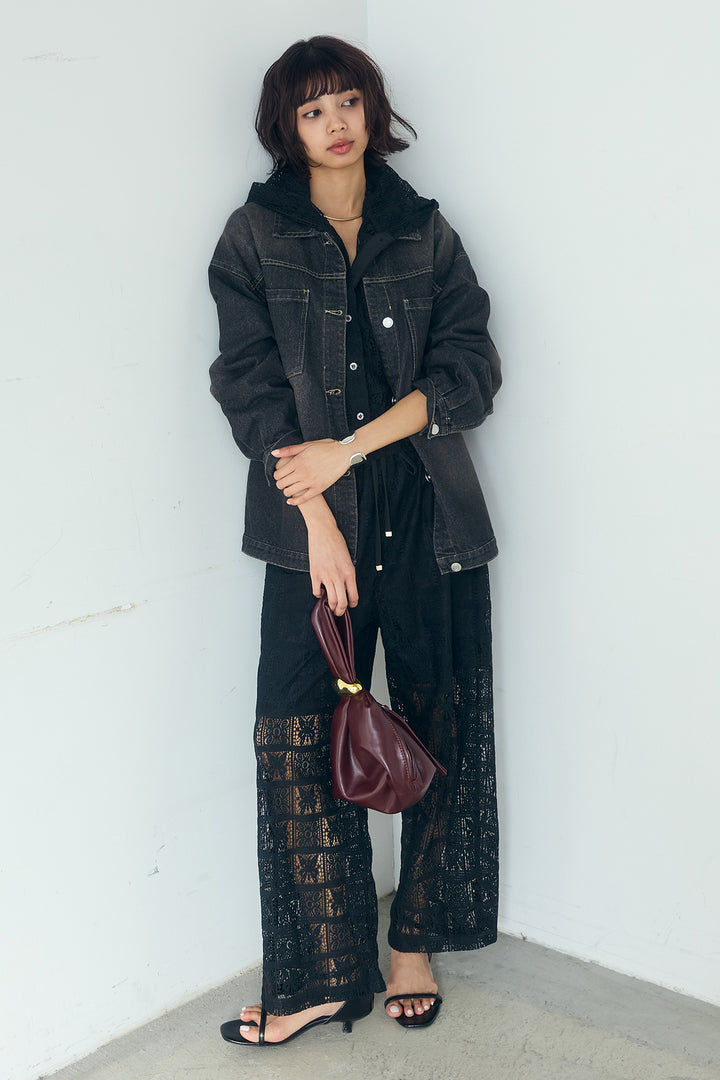 [SET]パッチワークレースショート丈フードシャツ+パッチワークレースイージーパンツ(2set)