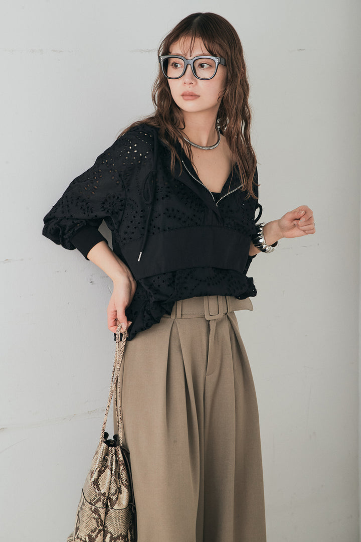 [SET]レースハーフジップアップフーディー+ベルト付きツータックワイドパンツ(2set)