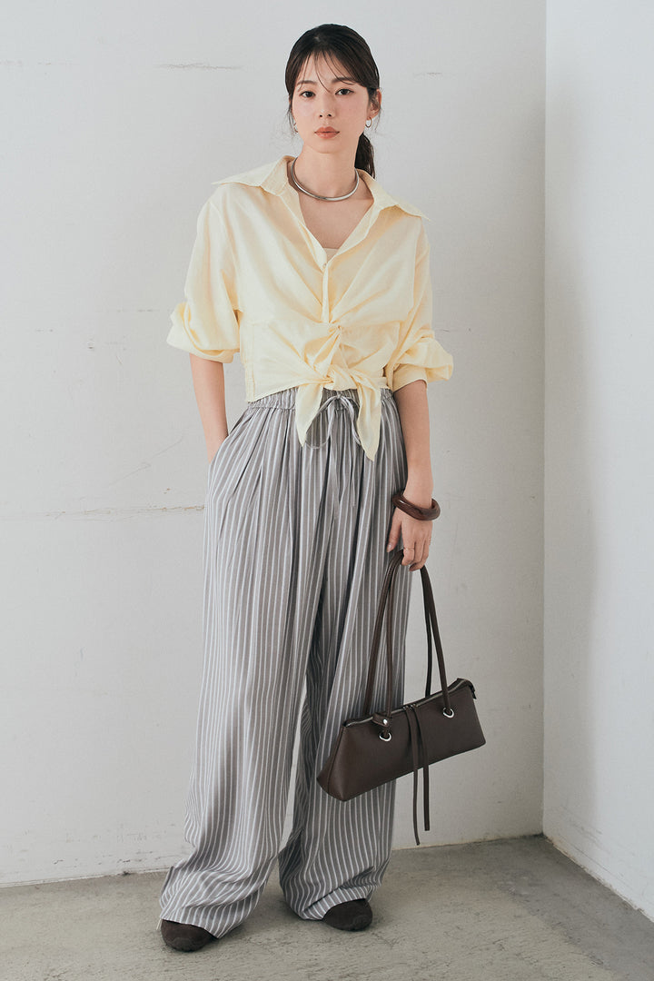 [SET]裾巻きツイストデザインシャツ+レーヨンストライプイージーワイドパンツ(2set)