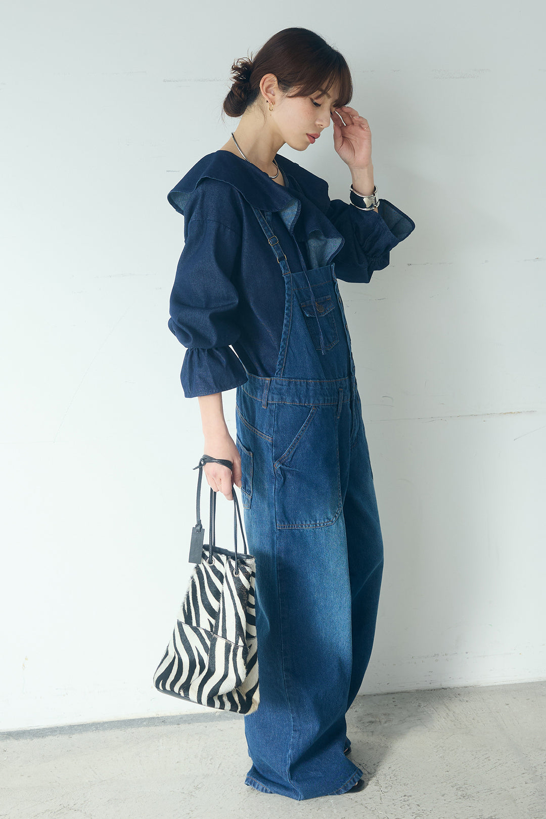 [SET]デニムフリルブラウス+デニムサロペットワイドパンツ(2set)