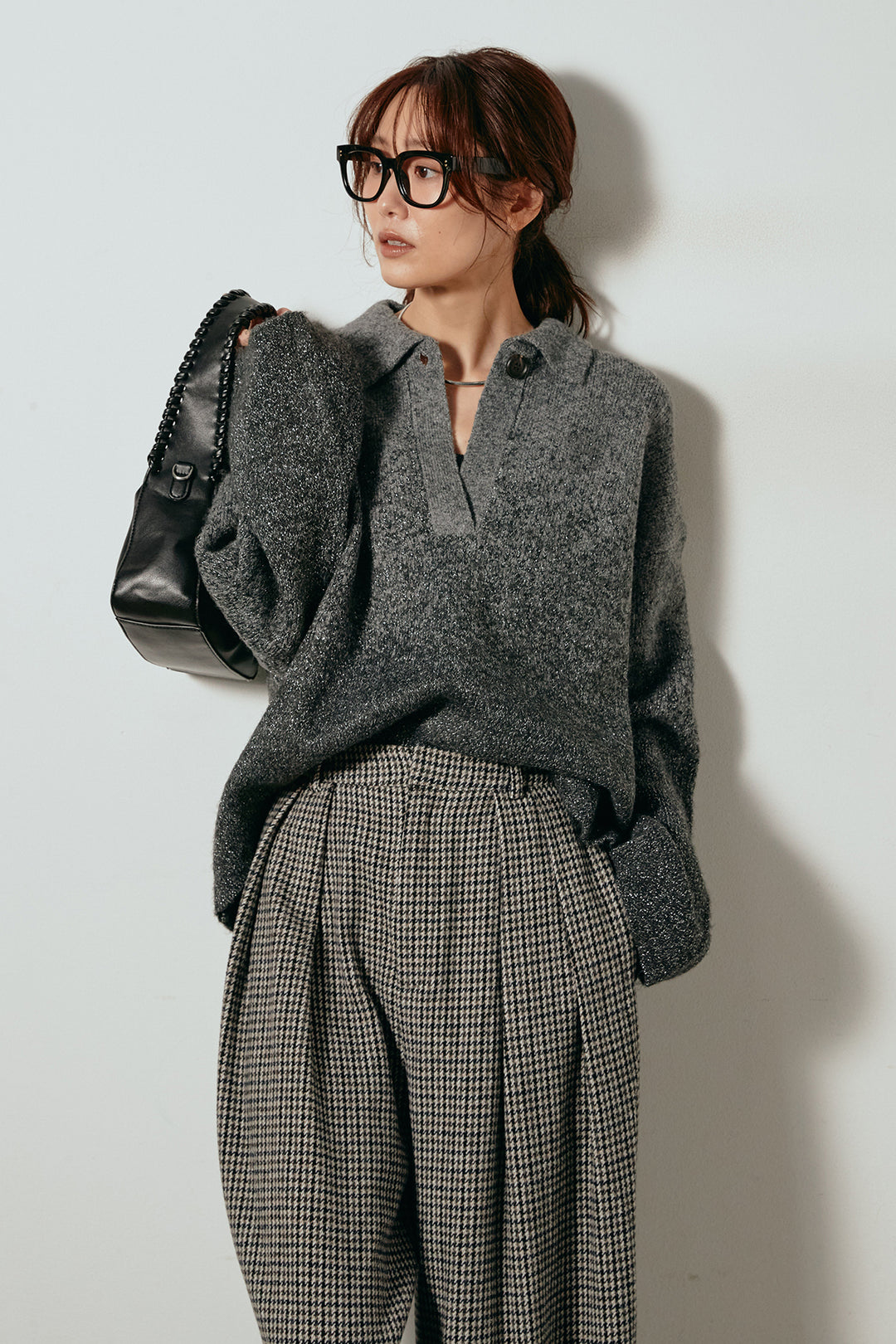 [SET]グラデーションラメニットキーネックプルオーバー+ガンクラブチェックタックパンツ(2set)