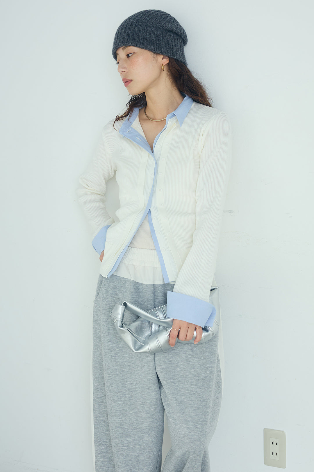 [SET]シャツドッキングボタンニットカーディガン+異素材切り替えスウェットパンツ(2set)