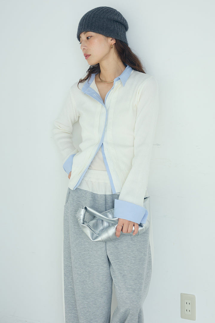 [SET]シャツドッキングボタンニットカーディガン+異素材切り替えスウェットパンツ(2set)