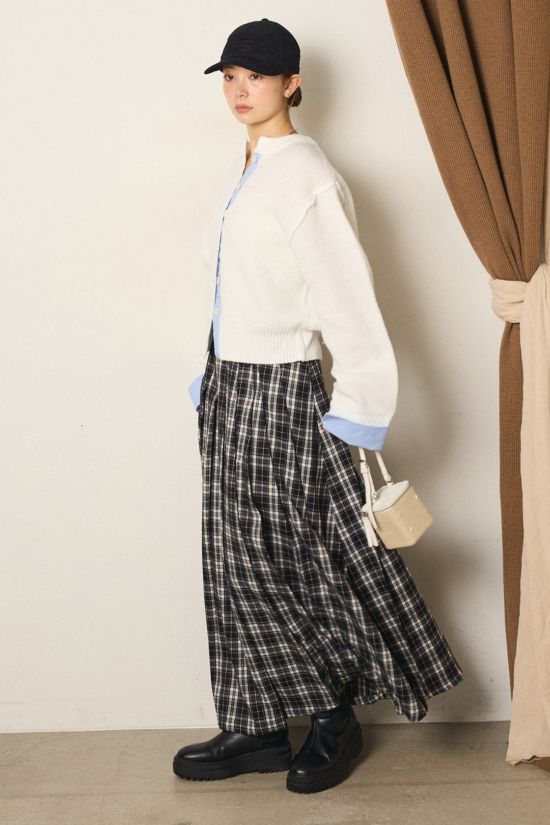 [SET]シャツドッキングニットカーディガン+ベルト付きタータンチェックプリーツスカート(2set)