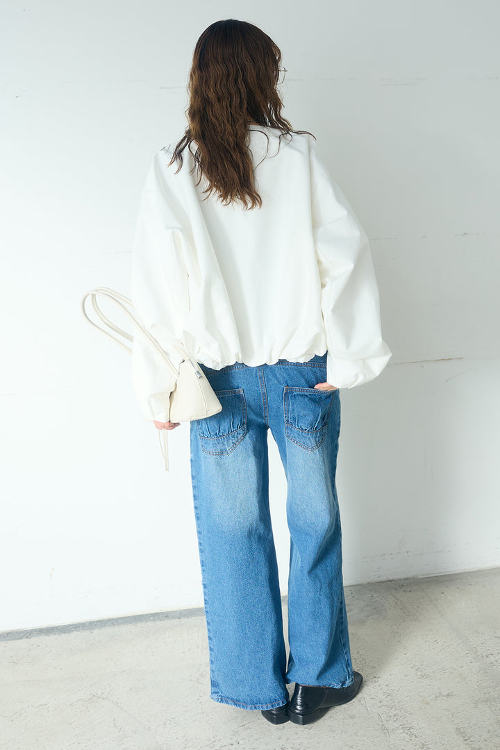 [SET]ノーカラーフロントギャザージップアウター+デニムサロペットワイドパンツ+ストレッチレースクルーネックインナー(3set)