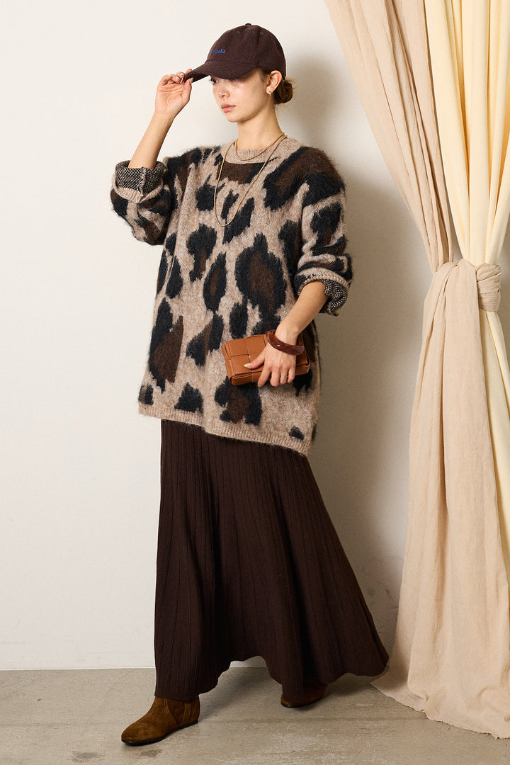[SET]ルーズアニマルモヘアニットトップス+編み地切り替えフレアニットスカート(2set)