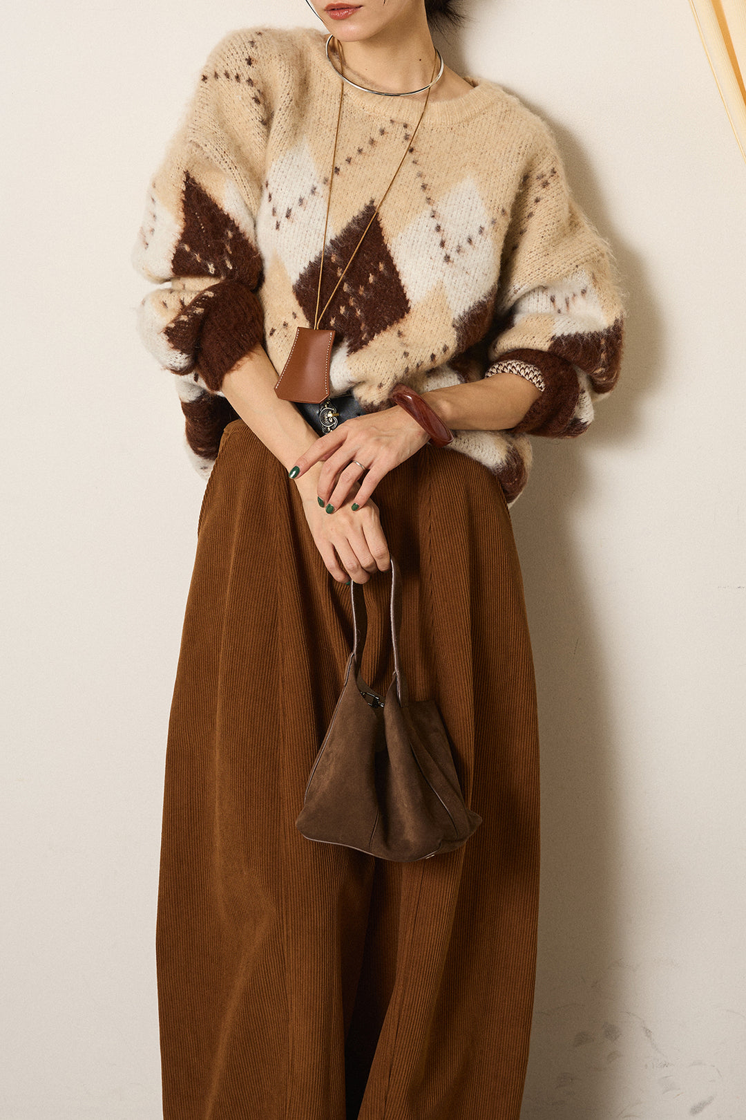 [SET]配色アーガイル柄ニットトップス+ベルト付きコーデュロイワイドパンツ(2set)